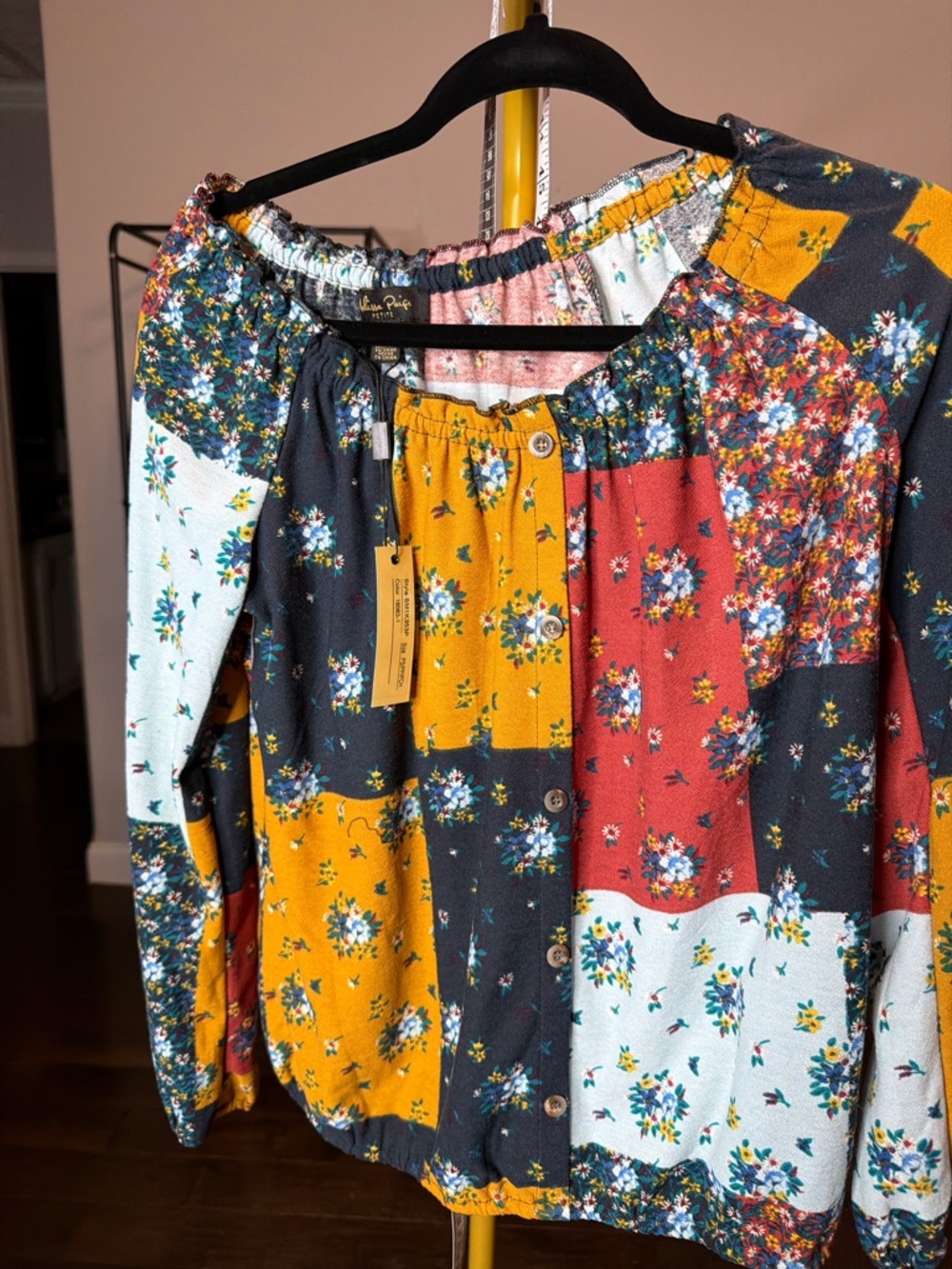 Melissa Paige Patchwork Floral Button-Front Top in Mustard, Rust & Navy